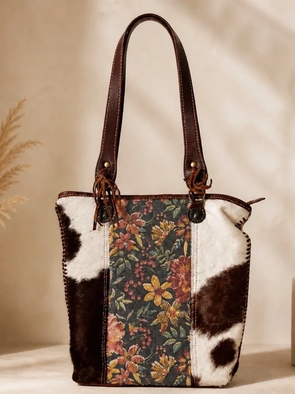 Myra Bag Cowhide/Tapastry Zip Close Large Purse